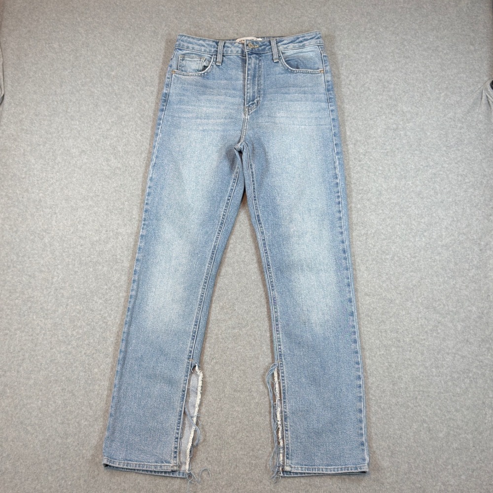 Just Black Denim Straight Leg Jeans Womens 27 Light Blue Distressed Slit Hem